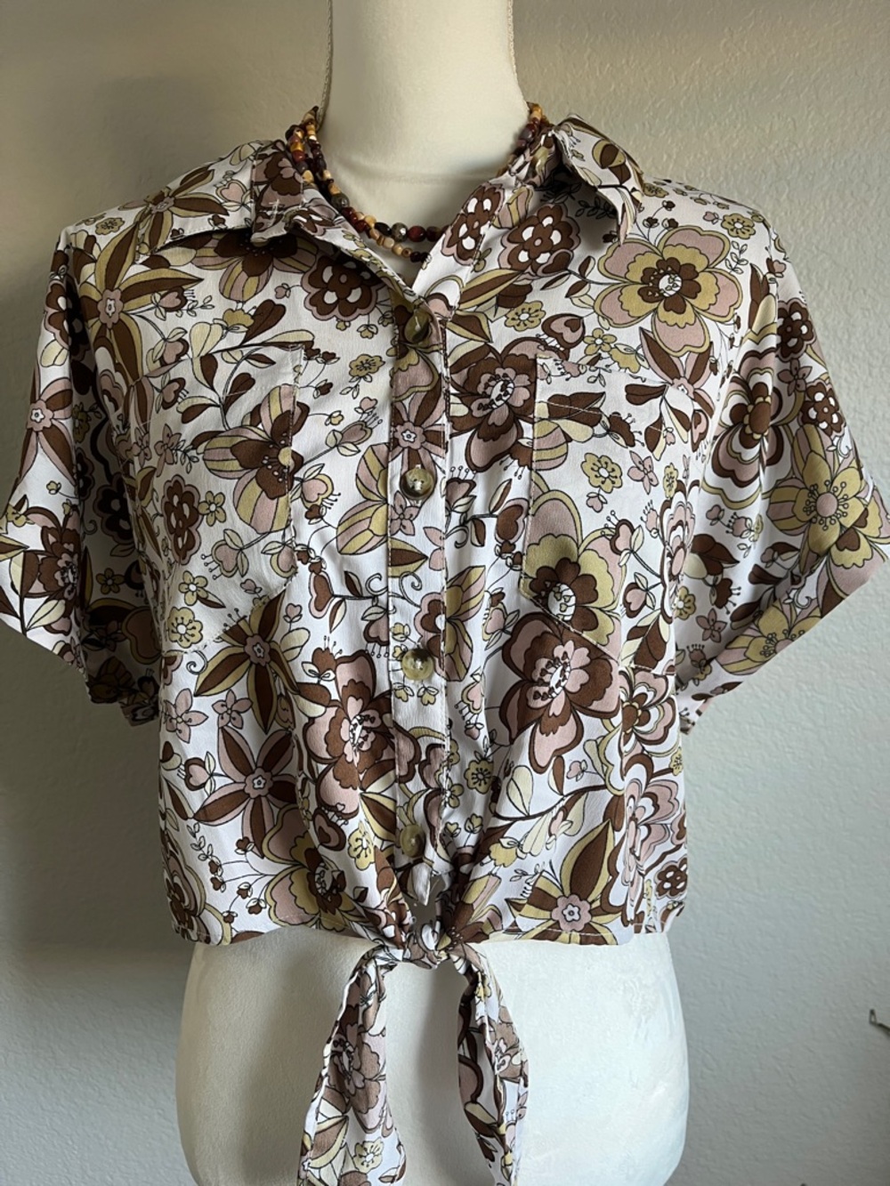 Tie-Front Button-Down Floral Shirt - Brown/Cream